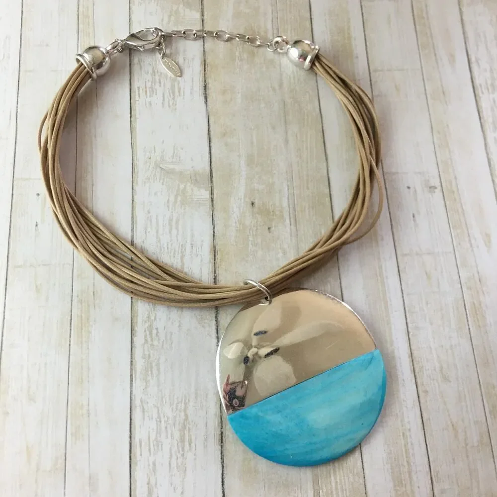 Vintage St. Thomas Blue Shell Disc Cord Statement Necklace